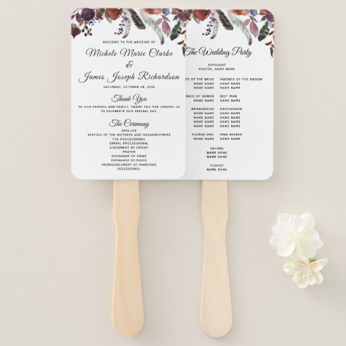 Burgundy Floral Watercolor Wedding Program Hand Fan