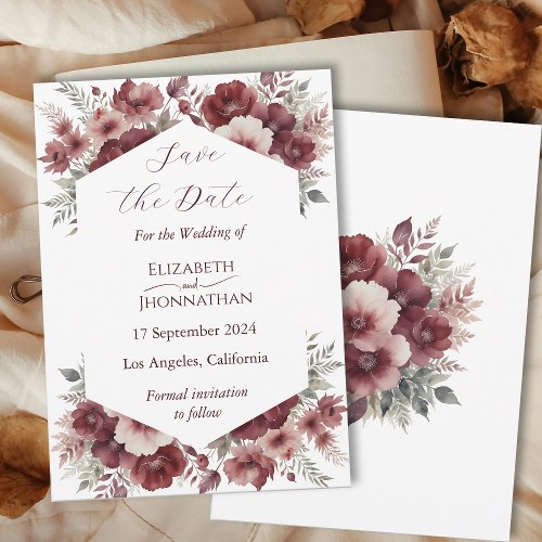 Burgundy Floral Watercolor Wedding Save the Date  