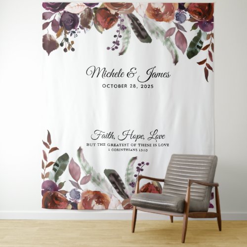 Burgundy Floral Watercolor Wedding Tapestry