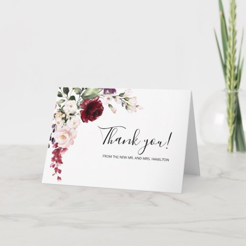 Burgundy Floral Watercolor Wedding Thank You Card