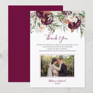 Burgundy Floral Watercolor Wedding Thank You Card