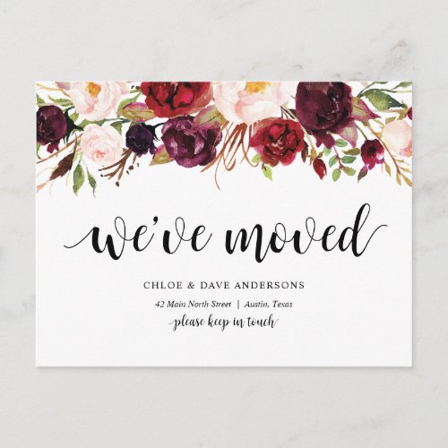 Burgundy floral We have moved Announcement Postcard