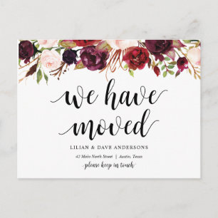 Burgundy floral, We have moved Announcement Postcard