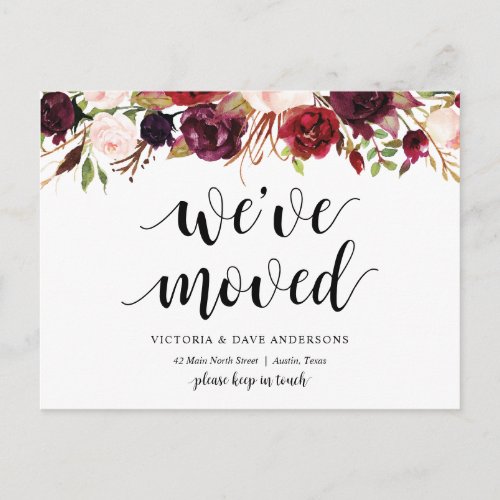 Burgundy floral We have moved Announcement Postcard