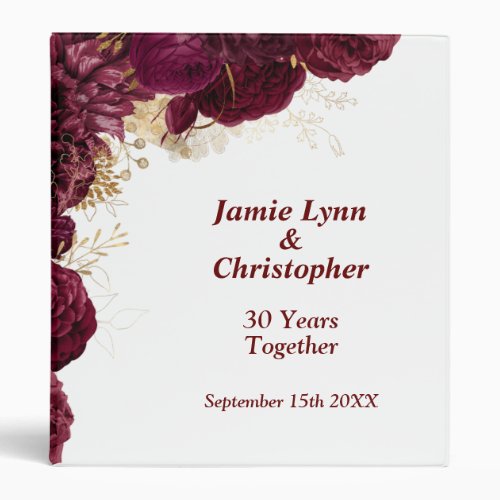 Burgundy Floral Wedding Anniversary 3 Ring Binder