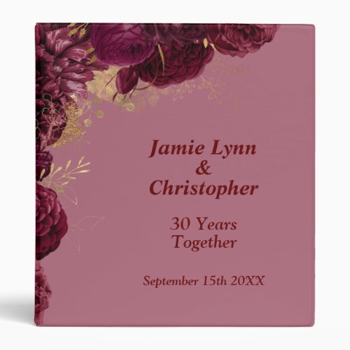 Burgundy Floral Wedding Anniversary 3 Ring Binder