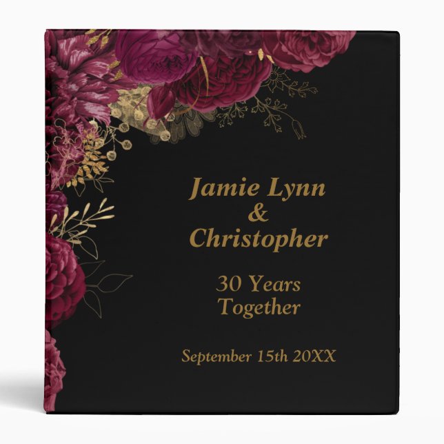 Burgundy Floral Wedding Anniversary 3 Ring Binder (Front)