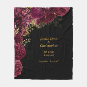 Burgundy Floral Wedding Anniversary Fleece Blanket