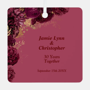 Burgundy Floral Wedding Anniversary Metal Ornament