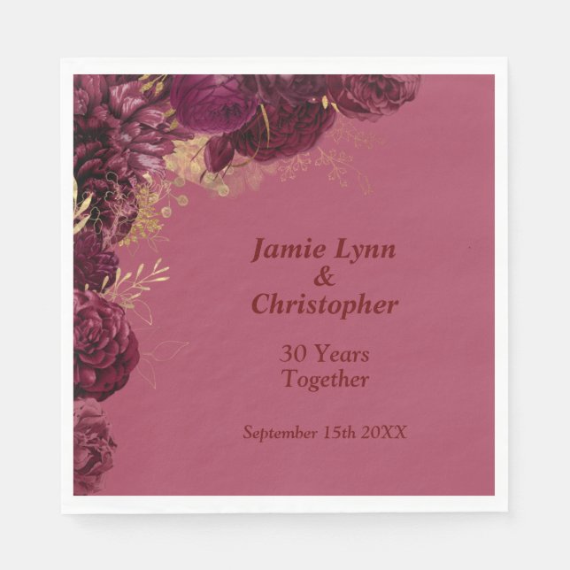 Burgundy Floral Wedding Anniversary Napkins (Front)