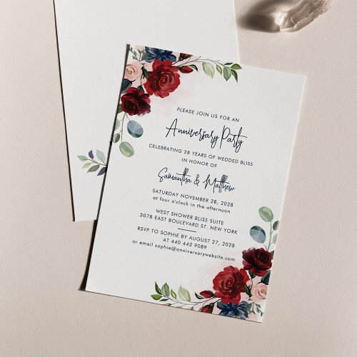 Burgundy Floral Wedding Anniversary Party Invitation