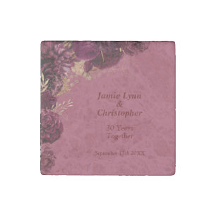 Burgundy Floral Wedding Anniversary Stone Magnet