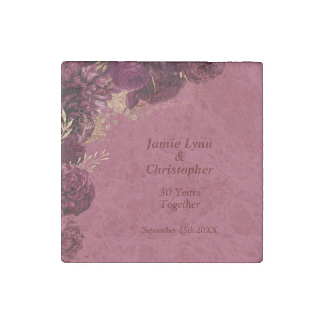 Burgundy Floral Wedding Anniversary Stone Magnet (Front)