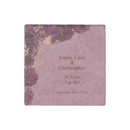 Burgundy Floral Wedding Anniversary Stone Magnet