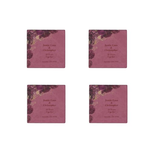 Burgundy Floral Wedding Anniversary Stone Magnet