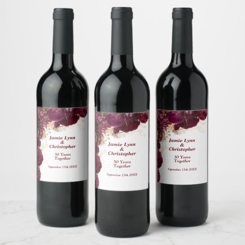 Burgundy Floral Wedding Anniversary Wine Label