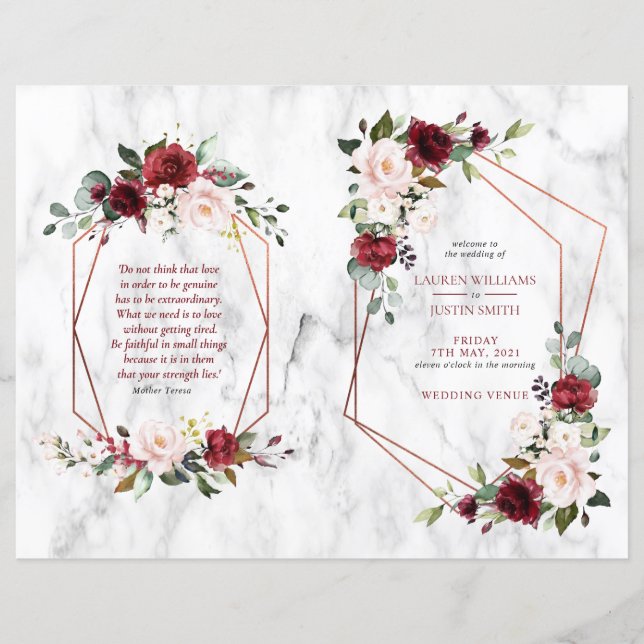 Burgundy Floral Wedding Booklet Program 1/2 pages (Front)