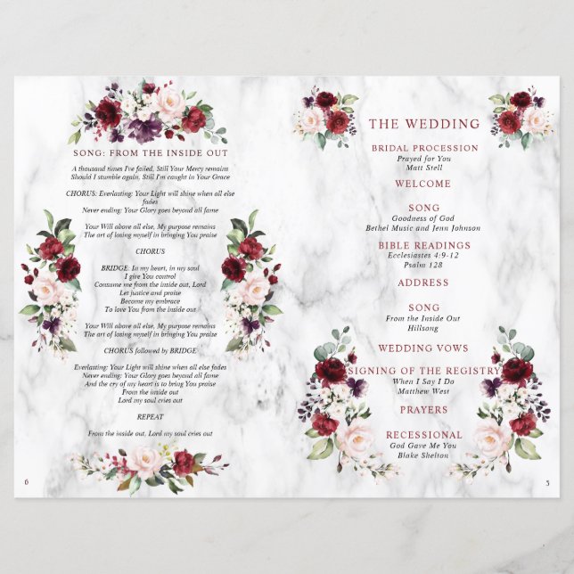 Burgundy Floral Wedding Booklet Program 2/2 pages  (Front)