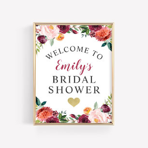 Burgundy Floral Wedding Bridal Shower Welcome Poster