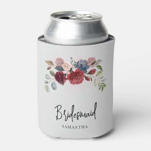 Burgundy Floral Wedding Bridesmaid Personalized Can Cooler