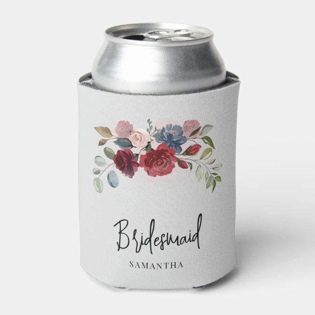 Burgundy Floral Wedding Bridesmaid Personalized Can Cooler (Can Front)