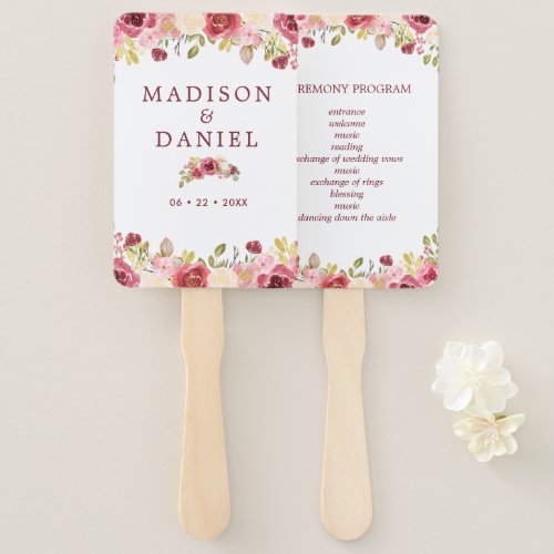 Burgundy Floral Wedding Ceremony Program Hand Fan