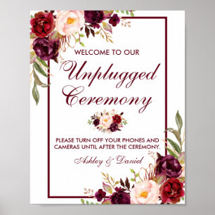 Burgundy Floral Wedding Ceremony Unplugged Poster