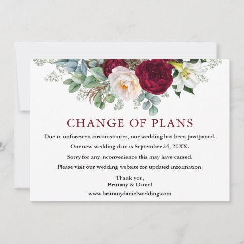 Burgundy Floral Wedding Change of Plans Card