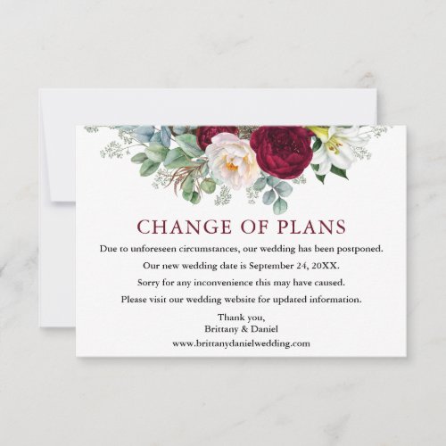 Burgundy Floral Wedding Change of Plans Note Card