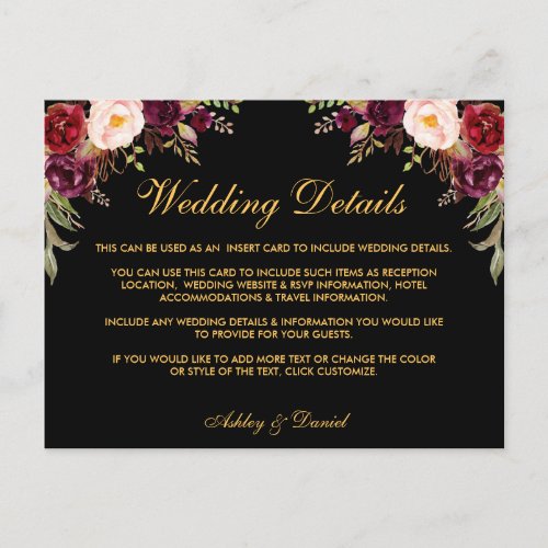 Burgundy Floral Wedding Details Black Insert Card