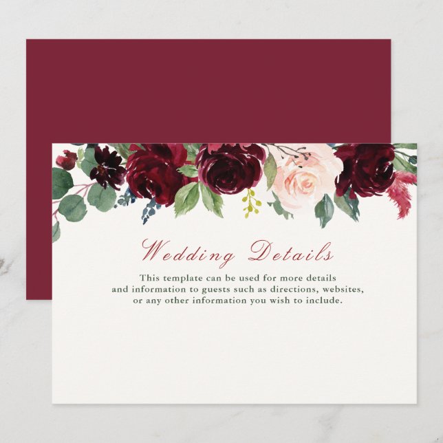 burgundy floral wedding details card (Front/Back)