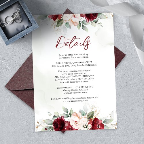Burgundy Floral Wedding Details Enclosure Card