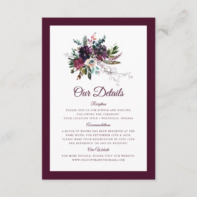 Burgundy Floral Wedding Details Enclosure Card (Front)