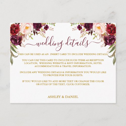 Burgundy Floral Wedding Details Gold Insert Card
