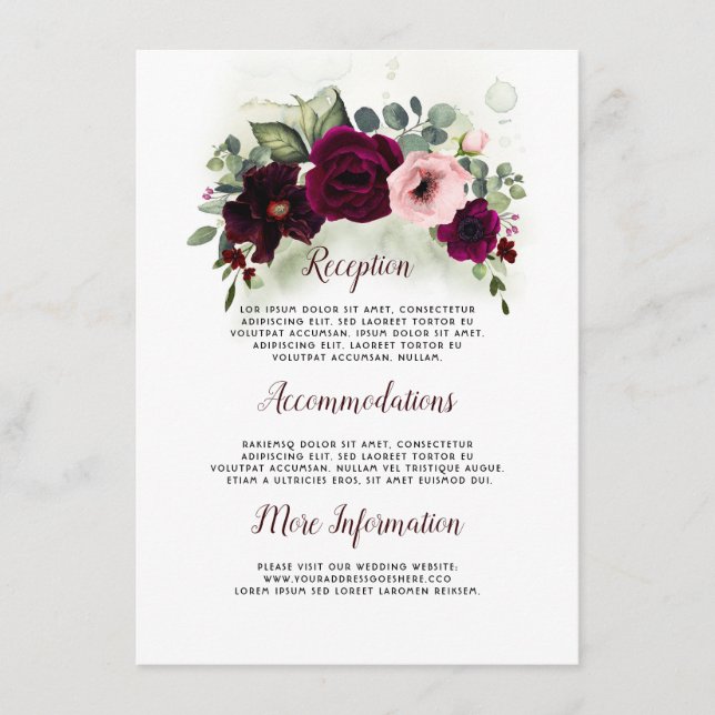 Burgundy Floral Wedding Details Information Guest Enclosure Card (Front)