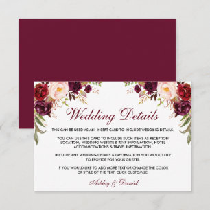 Burgundy Floral Wedding Details Insert Card