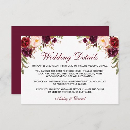 Burgundy Floral Wedding Details Insert Card