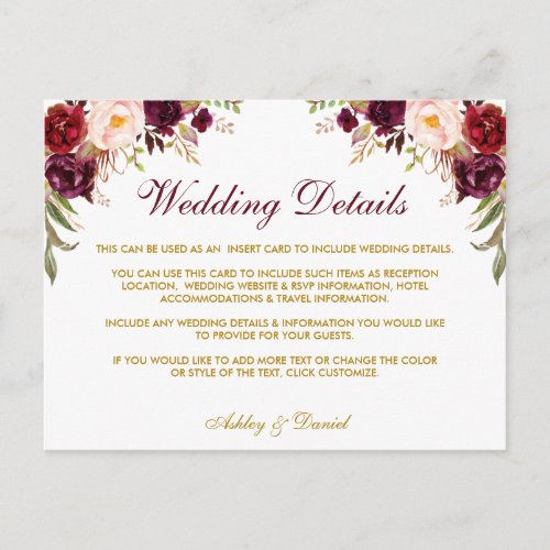 Burgundy Floral Wedding Details Insert Card