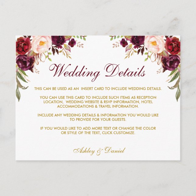 Burgundy Floral Wedding Details Insert Card (Front)