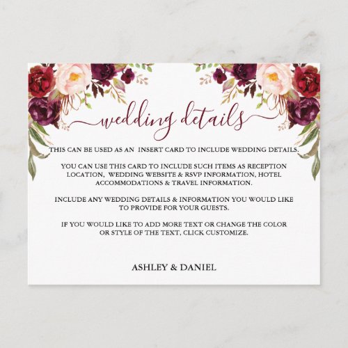 Burgundy Floral Wedding Details Insert Card