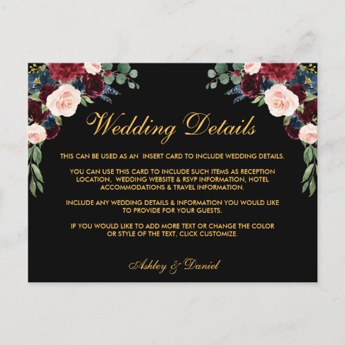 Burgundy Floral Wedding Details Insert Card Black