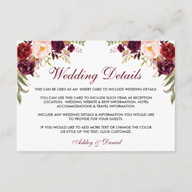 Burgundy Floral Wedding Details Insert Card W (Front)