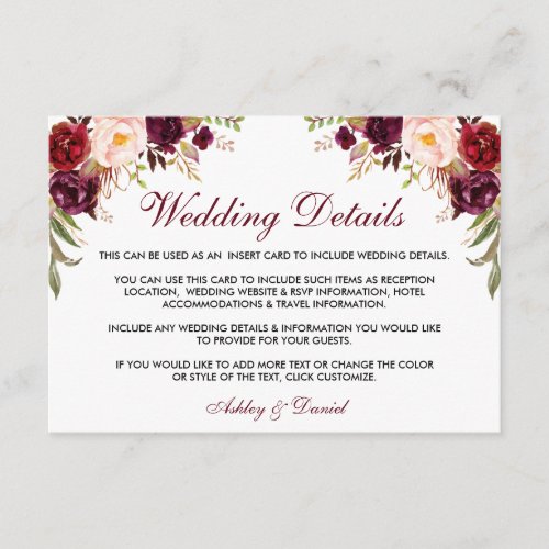 Burgundy Floral Wedding Details Insert Card W