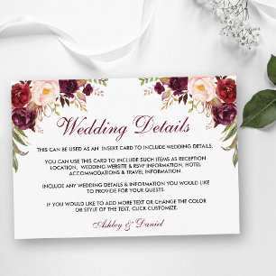 Burgundy Floral Wedding Details Insert Card W