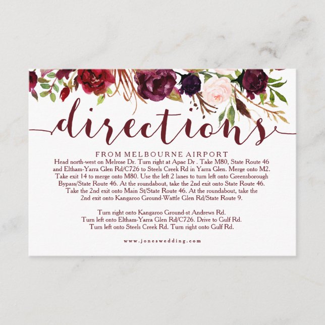 Burgundy Floral Wedding Directions Info Card (Front)