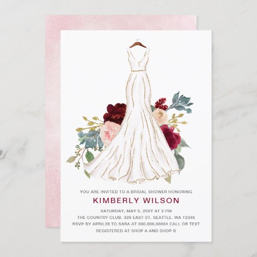 Burgundy Floral Wedding Dress Bridal Shower Invitation