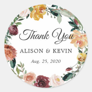 Burgundy Floral Wedding Favor Thank You Sticker