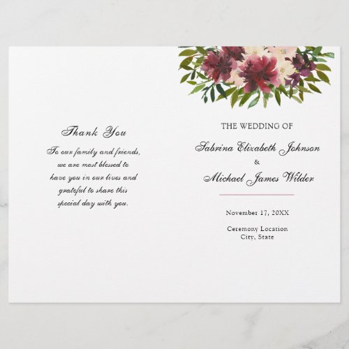 Burgundy Floral Wedding Folded Program