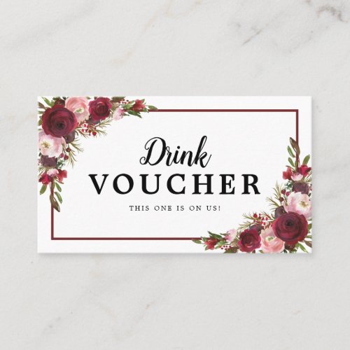 Burgundy Floral Wedding Free Drink Voucher Business Card