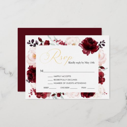 Burgundy Floral Wedding Gold Foil RSVP Card